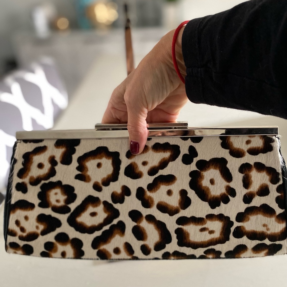 NORDSTROM brand Calf Skin Leopard Pony hair clutch black patent leather bag